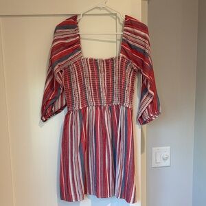 En Creme Striped Mini Dress in Red and Blue